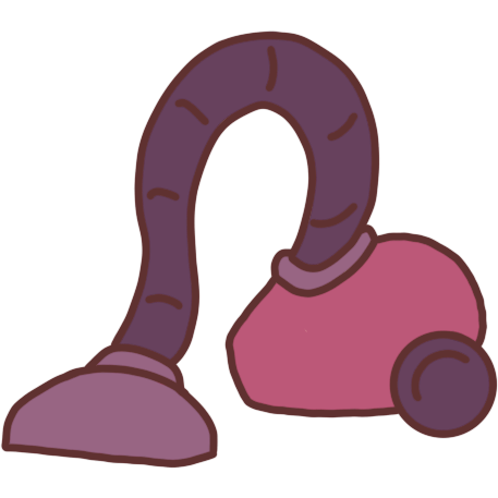 A simplified warm-toned drawing of a canister type vacuum cleaner.